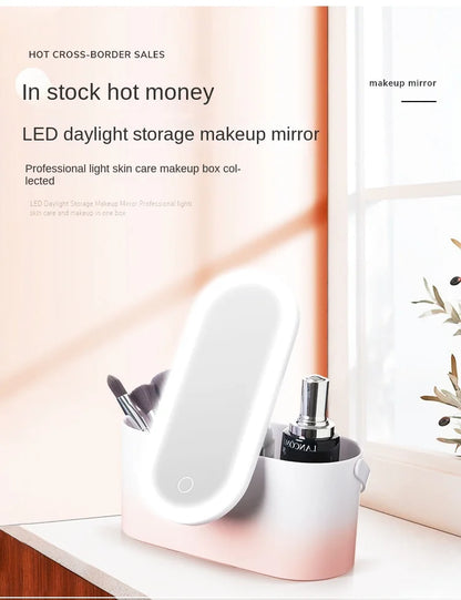 Rechargeable LED Makeup Mirror with Storage Box Portable Folding Rotating Desktop Vanity Mirror for Women Beauty