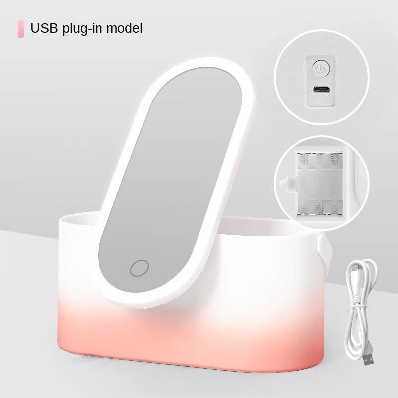 Rechargeable LED Makeup Mirror with Storage Box Portable Folding Rotating Desktop Vanity Mirror for Women Beauty