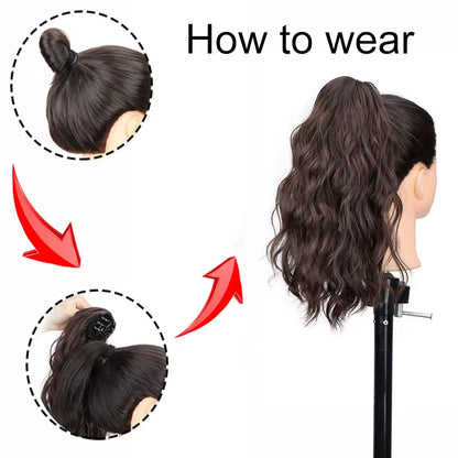 Synthetic 14Inch Short Wavy Brown Blonde Ponytail Hair Extension Claw Clip in Hairpiece Style for Women