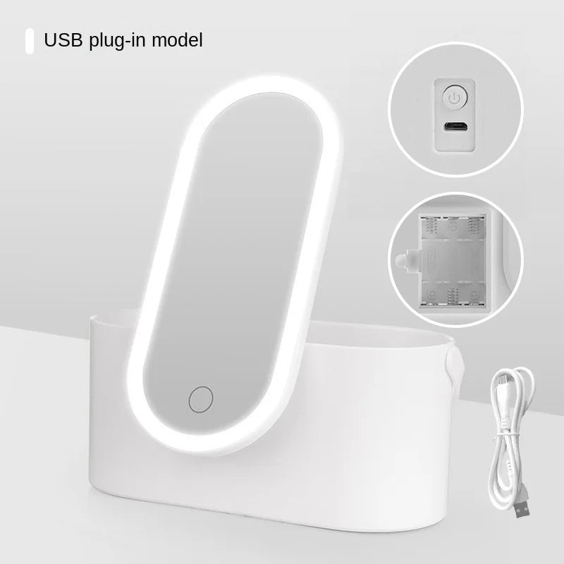 Rechargeable LED Makeup Mirror with Storage Box Portable Folding Rotating Desktop Vanity Mirror for Women Beauty