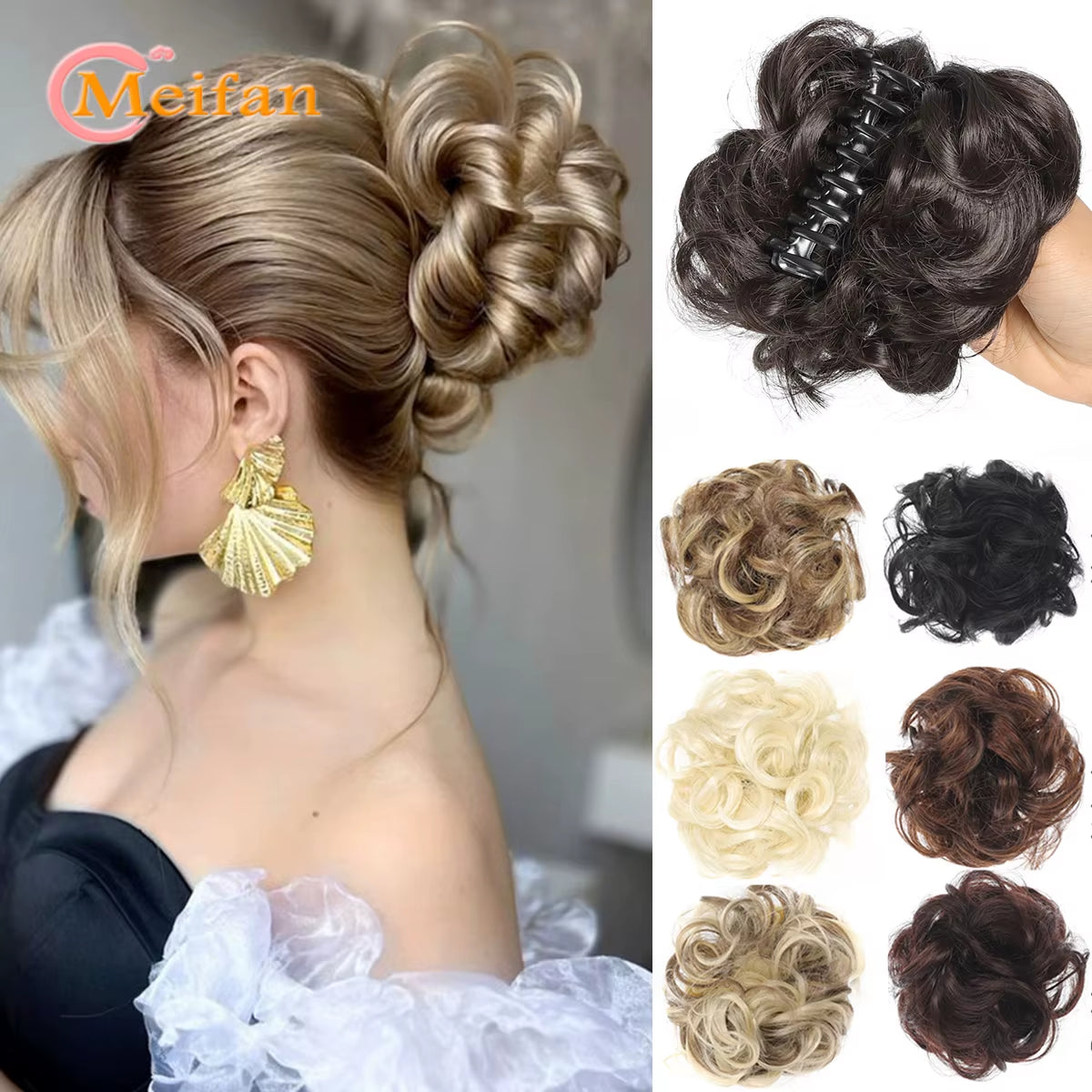 Synthetic Chignon Messy Curly Bun Claw Clip in Hair Piece Wavy Fake Hair Bun Ponytail Extensions Scrunchie Hairpieces for Women