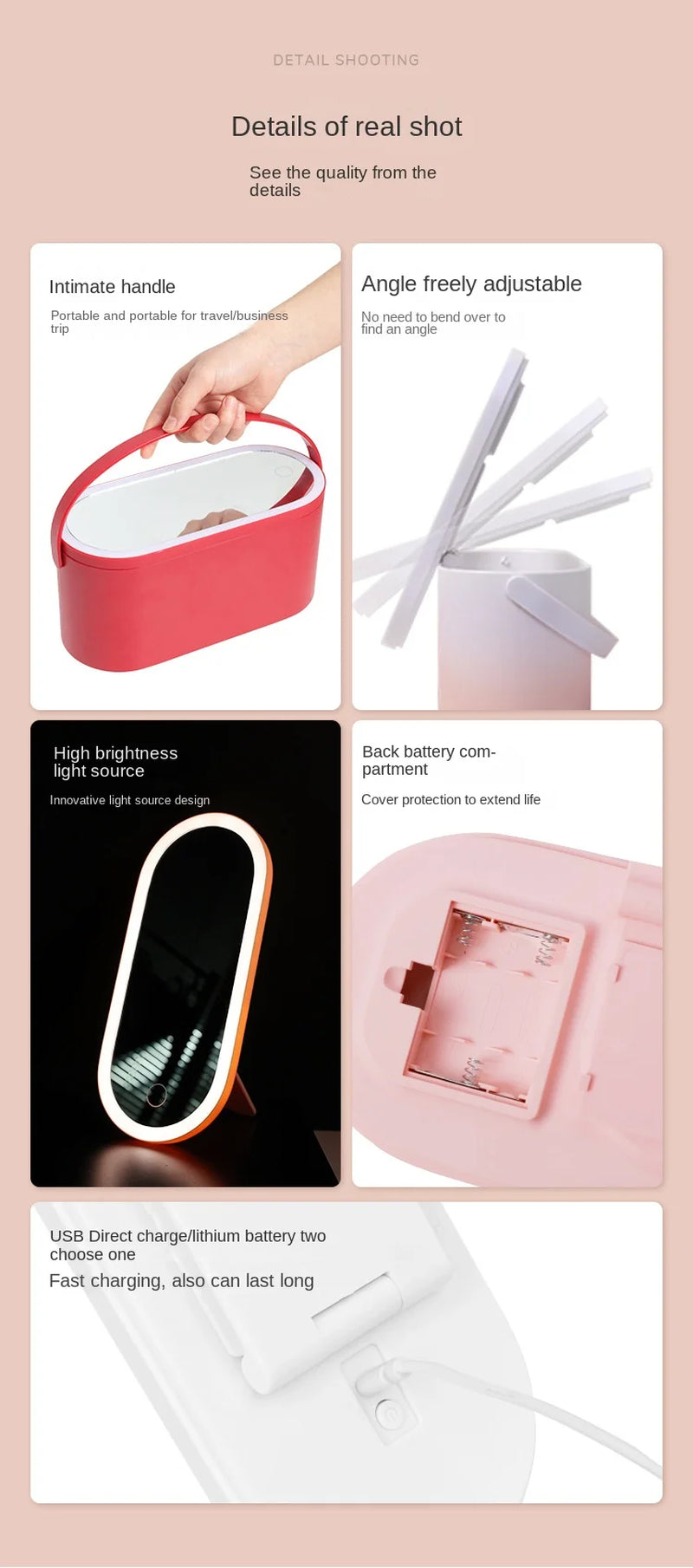 Rechargeable LED Makeup Mirror with Storage Box Portable Folding Rotating Desktop Vanity Mirror for Women Beauty