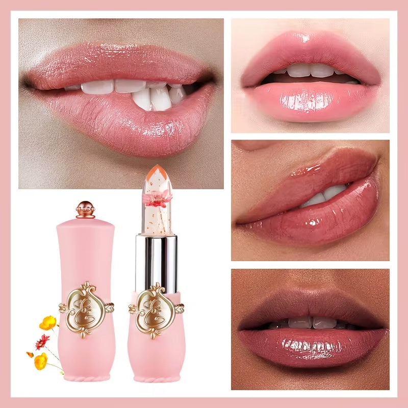 Crystal Flower Jelly Lipstick, Long Lasting Nutritious Lip Balm Lips Moisturizer Temperature Color Change Lip Gloss