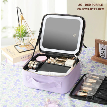 Cosmetic Portable Travel Storage Box with 2000Mah Led Rechargeable Vanity Bags Makeup Case with Led Light Mirror