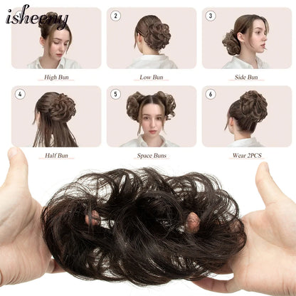 Messy Bun Hair Piece Real Tousled Updo Extension Natural Curly Buns with Elastic Band Hair Piece Ponytail Extensions for Women