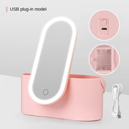 Rechargeable LED Makeup Mirror with Storage Box Portable Folding Rotating Desktop Vanity Mirror for Women Beauty