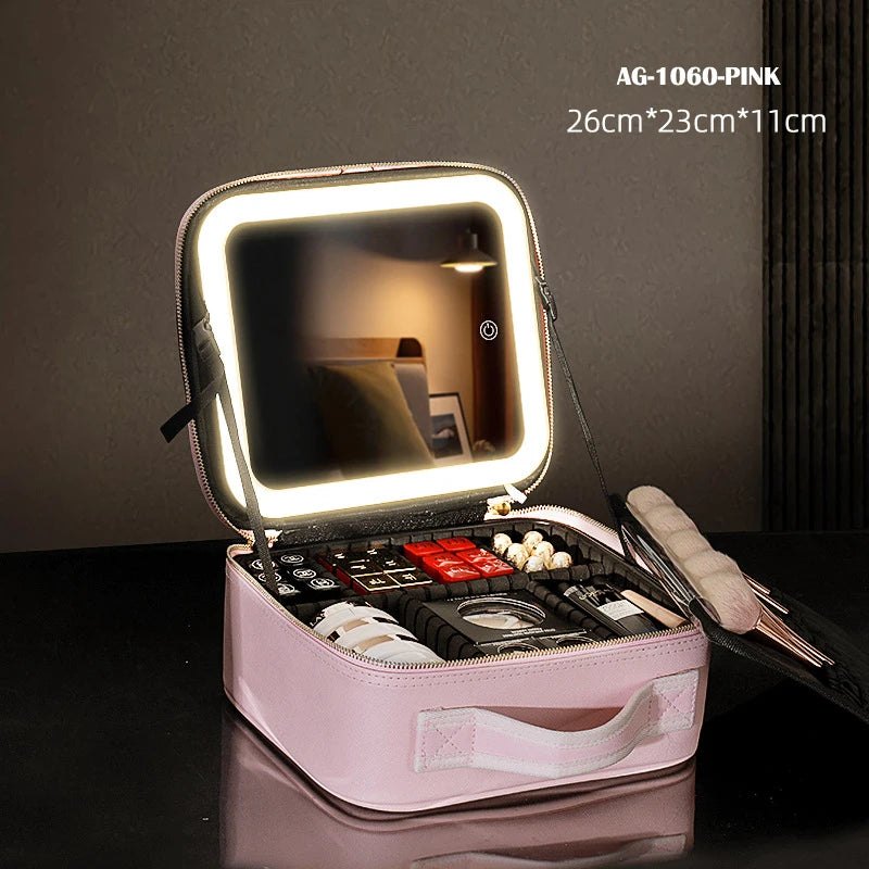 Cosmetic Portable Travel Storage Box with 2000Mah Led Rechargeable Vanity Bags Makeup Case with Led Light Mirror