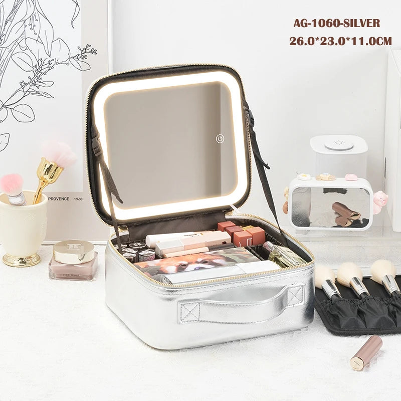 Cosmetic Portable Travel Storage Box with 2000Mah Led Rechargeable Vanity Bags Makeup Case with Led Light Mirror